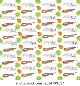 worms, axolotl with fruit as a pattern background