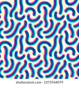 Worms, bold lines, wide stripes with risograph, riso print effect seamless repeat vector pattern. Wavy, squiggly chaotic rounded uneven streaks, layered curves. Retro blue, pink trendy background. 