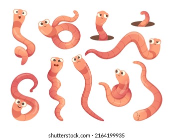 Worms. Cartoon insects in action poses bugs mascot with funny faces creeping crawlers exact vector illustrations
