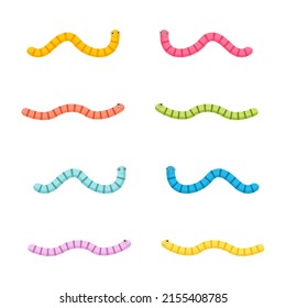 Conjunto de caracteres Worms. Colorida colección de lombrices de tierra. Nieves infantiles pequeñas aisladas con fondo blanco. Ilustración vectorial.