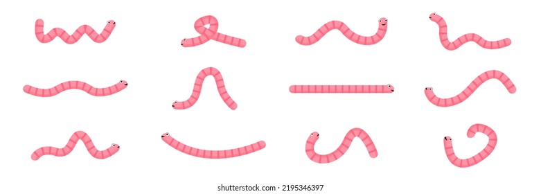 Worms character set. Pink earthworm collection. Vector isolated on white.
