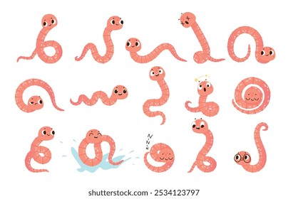 Worms characters. Funny worm different poses, sleeping swimming in puddle. Ground emotional crawlers laugh surprised angry, nowaday cute vector characters