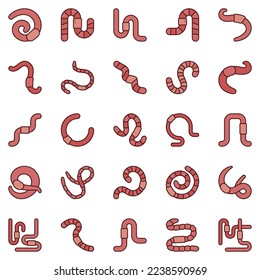 Worms colored icons set. Earthworm creative signs. Red Worms symbols collection