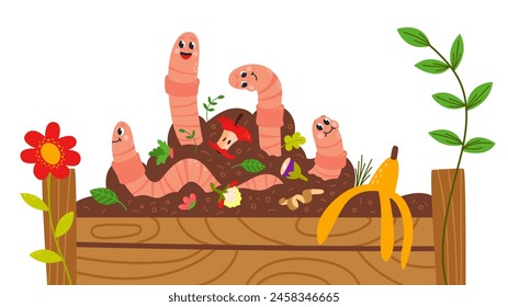 Worms and compost. Cute earthworms in garden soil with organic waste. Cartoon invertebrate characters, insects in ground classy vector recycle scene