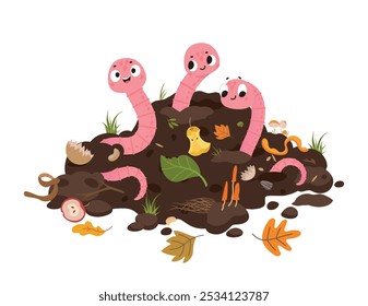 Gusanos y compost. Divertido gusano de dibujos animados sentado en la basura orgánica. Gusanos de tierra en la basura con cáscaras de frutas y verduras, reciclando alimentos hoy en día escena de Vector