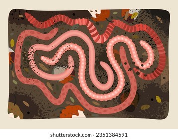 Worms in compost. Organic waste concept. Vector illustration of worms, soil, leaves and rotted food.