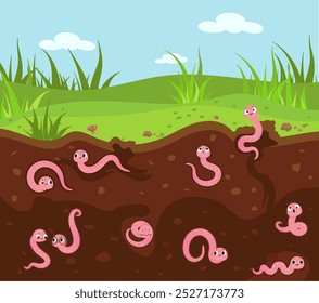 Worms creepers underground. Worm in ground, insects in soil. Wild garden or forest animals, wildlife cartoon characters nowaday vector scene