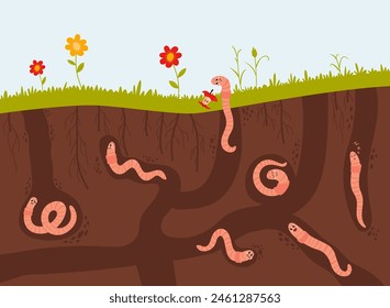 Worms creeps under ground. Cartoon worm, funny crawlers characters in compost. Useful insects different poses, nature classy vector composition