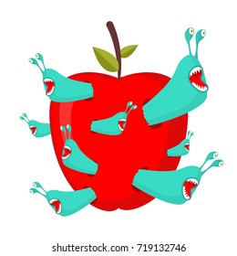 Worms eat red apple. Parasites Pests in fruit