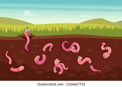 Worms in ground. Sliced view for a ground with creeping crawlers in action poses exact vector cartoon background
