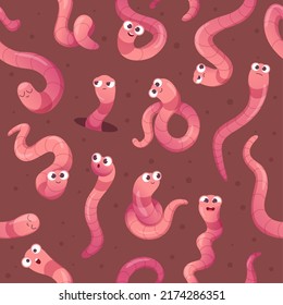 Worms pattern. Crawlers in action poses funny creeping insects in ground exact vector seamless background