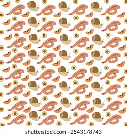 worms, snails with fruit as a pattern background