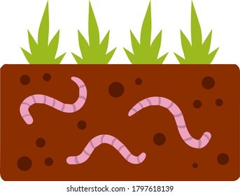 Worms under the ground. Insects in soil. Brown earth with small pink animals. Fishing bait. Green grass. Flat cartoon illustration. The biosphere and nature