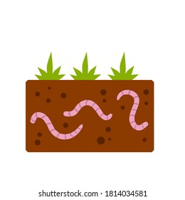 Worms under the ground. Insects in soil. Brown earth with small pink animals. Green grass. The biosphere and nature. Flat cartoon illustration. Fishing bait