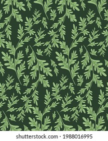 Wormwood herbaceous seamless pattern on dark green background. Fabric with grass fields. Wallpaper with a branches of sagebrush. Vector natural background with Artemisia absinthium for wrapping paper