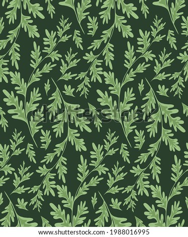 Wormwood herbaceous seamless pattern on dark green background. Fabric with grass fields. Wallpaper with a branches of sagebrush. Vector natural background with Artemisia absinthium for wrapping paper