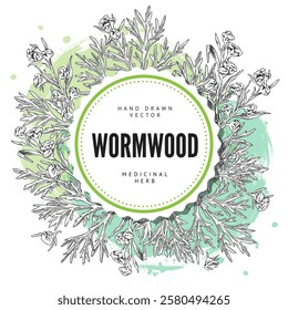 Wormwood plant engraved sketch round label vector design. Hand drawn wormwood branch, flowers and leaves. Cosmetics and medicinal plant. Artemisia absinthium, sagebrush ayurveda essential oil herb