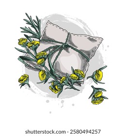 Wormwood plant and essential aroma sachet sketch. Hand drawn wormwood flowers and leaves, herbal fragrance product of medical plant. Artemisia aromatherapy natural accessory