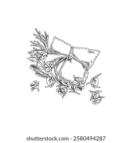 Wormwood plant and essential aroma sachet engraved sketch. Hand drawn wormwood flowers and leaves, herbal fragrance product of medical plant. Artemisia aromatherapy natural accessory ink style