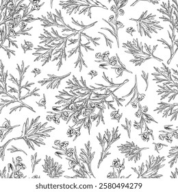 Wormwood plant seamless pattern engraved sketch. Hand drawn wormwood branch, flowers and leaves. Cosmetics and medical plant. Artemisia absinthium, sagebrush essential herb vector ink design