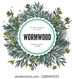 Wormwood plant sketch round label vector design. Hand drawn wormwood branch, flowers and leaves. Cosmetics and medicinal plant. Artemisia absinthium, sagebrush ayurveda essential oil herb