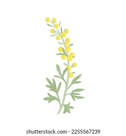 Wormwood plant with yellow flowers isolated on white background. Vector cartoon illustration of sagebrush. Healing herb. 