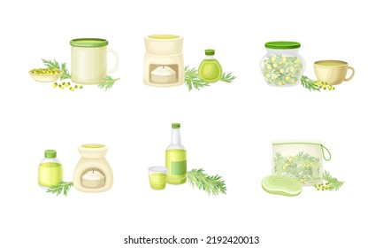 Wormwood or Southernwood Plant Extraction and Herbal Tea in Mug Vector Set