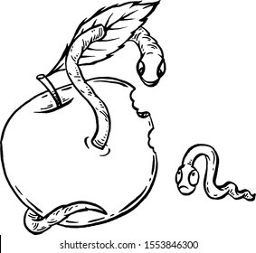 Wormy Apple. Drawing ink. Illustration.