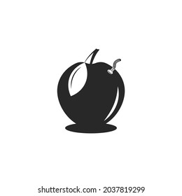 Wormy apple logo in negative space style, worm crawls out of the apple funny humorous black and white children cool illustration.