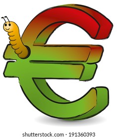 Wormy Euro - Cartoon of an Euro symbol being eaten by a worm. Vector illustration on white background.
