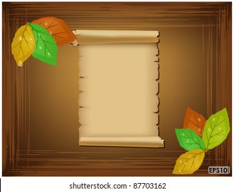 Worn brown frame with autumn leaves, drops of water and parchment