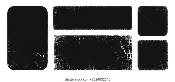 Caixilhos de papel usados e afligidos, com espaço para cópia. Vetor conjunto realista isolado de folhas pretas mockups. Grunge granulado e cantos desbotados, fundo de capa de disco ou álbum, efeito granulado áspero