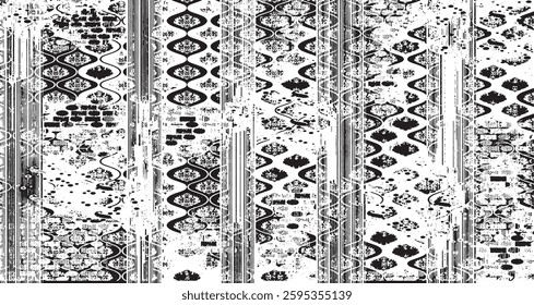 Worn down wallpaper pattern design. Broken plaster and grunge damask effect. Distressed overlay texture design. Vector illustration. Eps10.
