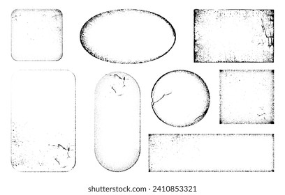 Worn and faded paper frames, isolated oval and square, circle and rectangle. Vector realistic stickers with grainy texture on corners and sides. Aged and rough dirty surface of pages or stamps