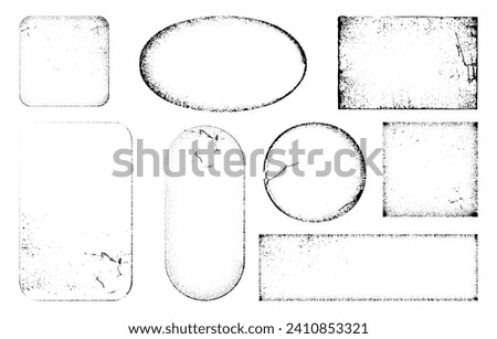 Worn and faded paper frames, isolated oval and square, circle and rectangle. Vector realistic stickers with grainy texture on corners and sides. Aged and rough dirty surface of pages or stamps