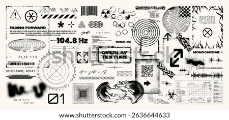 Worn grunge textures for the effect of overlay and the veneration of antiquity. Texture of 3D objects, retrofuturistic tables, icons, inscriptions, symbols, signs, overlay stamps. Vector graphic set