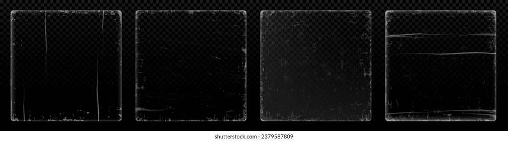 Marco de vinilo de grano desgastado - simulación de ilustración vectorial transparente realista con textura antigua y cubierta de papel angustiado con efecto superpuesto. Patrón cuadrado para CD retro con borde áspero envejecido.