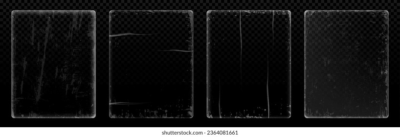 Worn grunge vinyl texture - realistic vector illustration mockup with old and distressed paper photo or CD disk cover frame with transparent overlay effect. Rectangular pattern with aged rough edge.