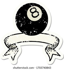 worn old sticker with banner of 8 ball