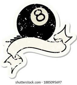 worn old sticker with banner of 8 ball