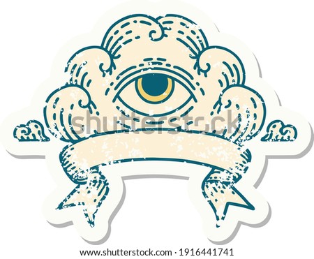worn old sticker with banner of an all seeing eye cloud
