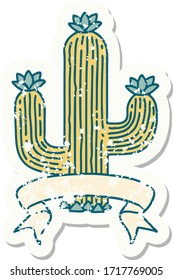 worn old sticker with banner of a cactus