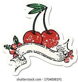 worn old sticker with banner of cherries