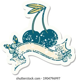 worn old sticker with banner of cherries