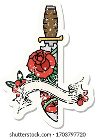 abgenutzter alter Aufkleber mit Fahne und Blumen