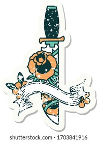worn old sticker with banner of a dagger and flowers