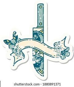worn old sticker with banner of a dagger and flowers