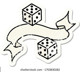worn old sticker with banner of a dice