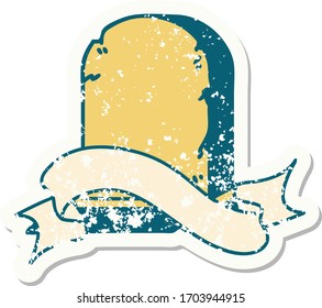 worn old sticker with banner of a grave stone