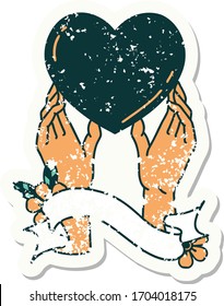worn old sticker with banner of hands reaching for a heart